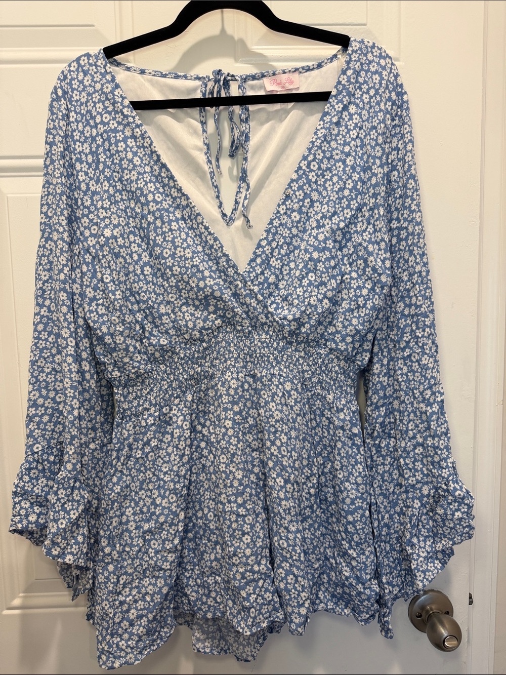 Pink Lily Blue Floral V-Neck Romper